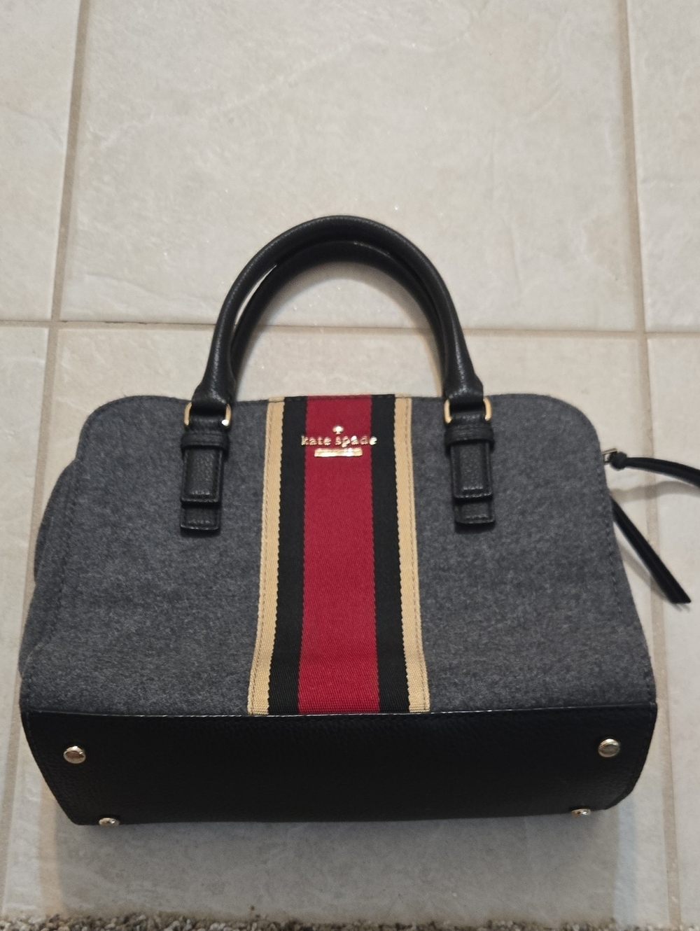 kate spade Gray Wool Satchel with Red, Black & Tan Stripes